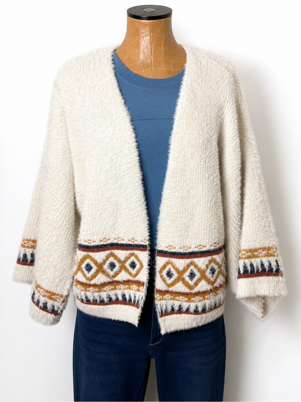 Sweet & Sinful Eyelash Knit Open Cardigan Sweater Medium Boho Aztec Trim